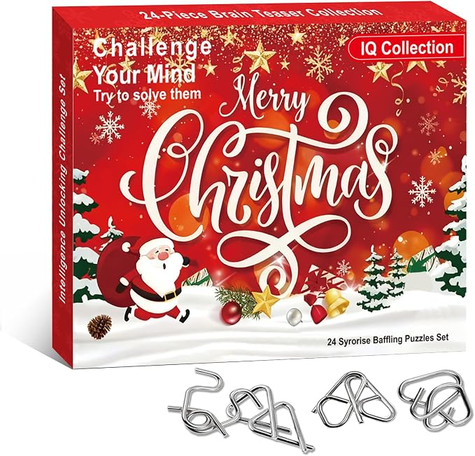 Christmas Metal Brain Teaser Puzzles Ring Educational Toys, Steel IQ Games Physics Mind Metal Puzzles for Adults, Unlock Interlock Game, Brain Teaser Puzzle for Party Favor Kids (Christmas)