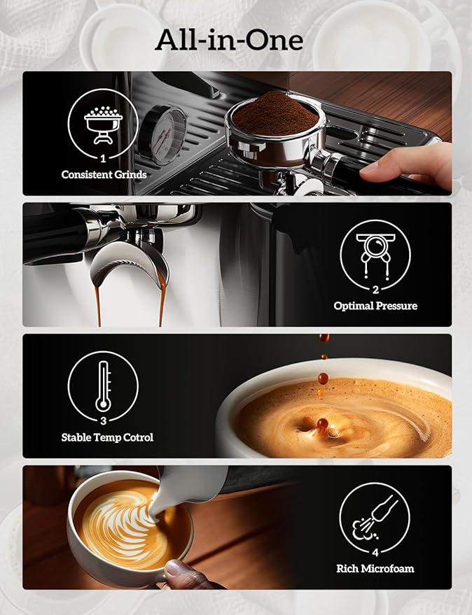 COUPLUX Espresso Machine with Grinder, 5-Temperature (190~205℉) Professional Espresso Machine 58MM with Powerful Milk Frother 15 Bar Expresso Coffee Machines for Espresso Americano Cappuccino & Latte