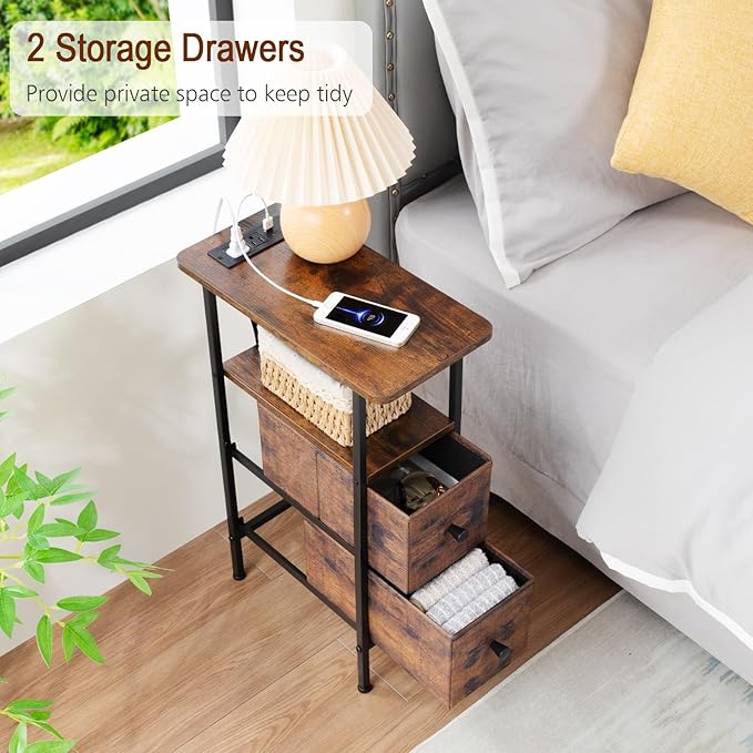 Narrow End Tables Living Room Set of 2 with Charging Station, Skinny Side Table with Fabric Drawers, Slim Nightstand for Bedroom, Small Spaces, Couch, Rustic Brown, HETNDP02PBR