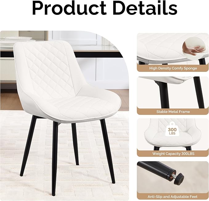 Dining Chair, Modern Dining Chairs with Thick Cushions, Faux Leather Upholstered Kitchen Dining Room Chairs with Metal Adjustable Legs for Dining Living Room, White