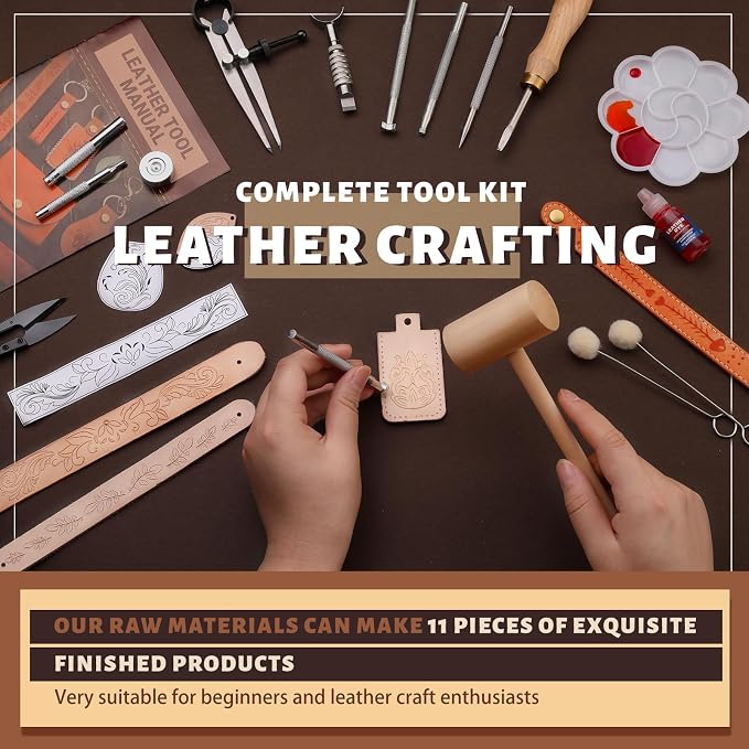 Leather Crafting Kit: Leather Working Tools and Supplies for DIY Craft Beginners Stamping Dyeing Carving Sewing Edge Sealing with Video Tutorials for Earrings Wallet Keychain Wristband Bookmark
