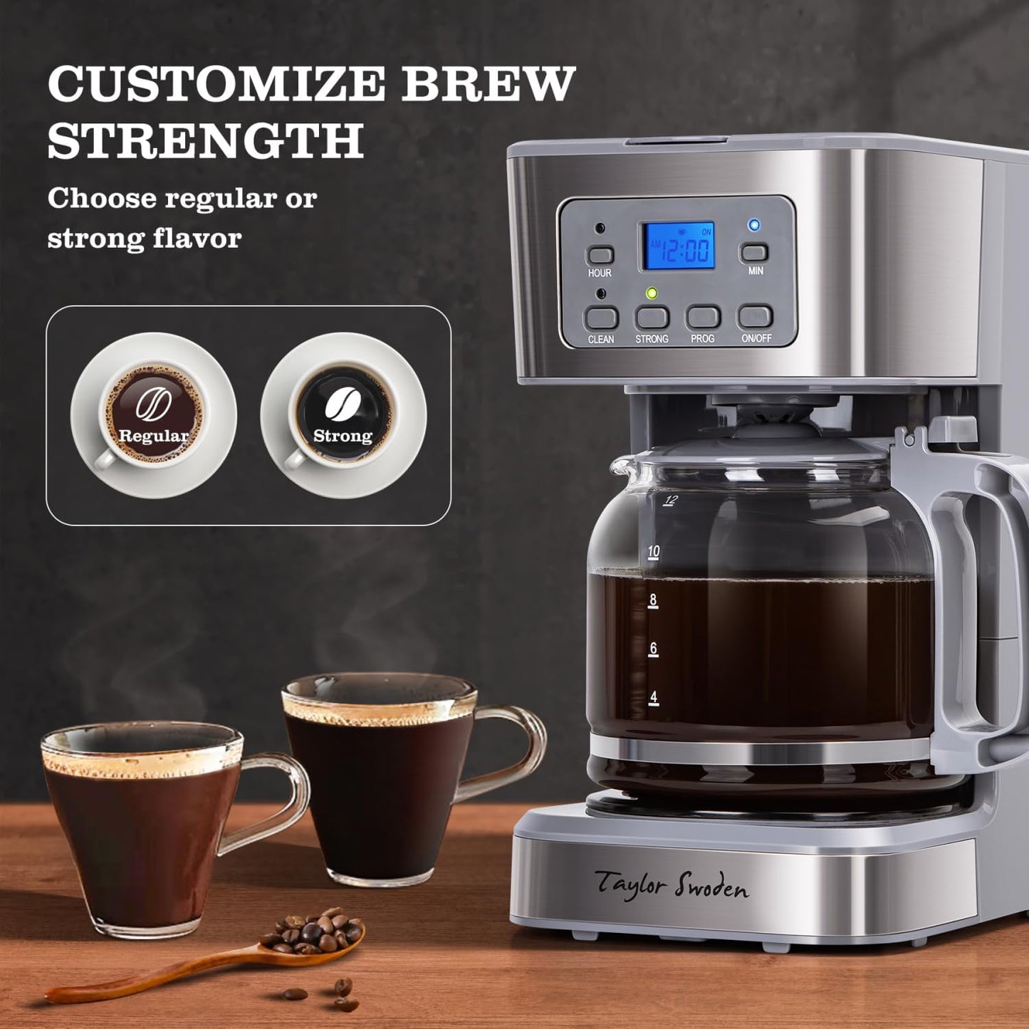 Taylor Swoden 12-Cup Programmable Coffee Maker, Regular & Strong Brew Drip Coffee Machine for Home and Office, Glass Carafe, Pause & Serve, Auto Shut Off, Gray & Stainless Steel