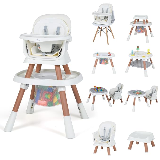 INFANS 9 in 1 High Chair, Convertible Baby Highchair for Babies and Toddlers, Table and Chair Set Building Block Infant Dining Booster Seat, Kids Stool with Activity Children Play Kitchen (Beige)