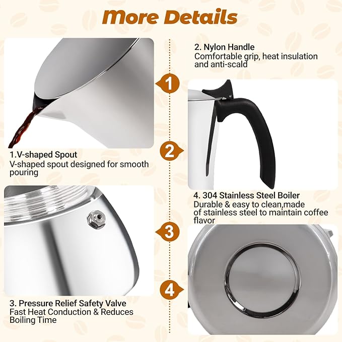 No Coating 9 Cup Thickened 304 Stainless Steel Moka Pot Stovetop Espresso Maker Italian Coffee Machine 450ml 15oz Suitable for Gas Induction Stovetop Greca Coffee Maker Percolator