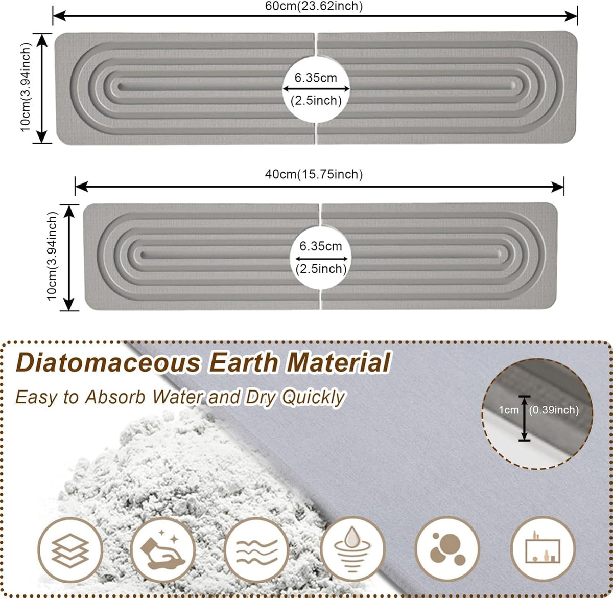 Faucet Mat for Kitchen Sink, Diatomite Super Absorbent Fast Drying Stone Sink Tray for Bathroom Kitchen Sink Splash Guard(Square Grey,15.7x3.9in)