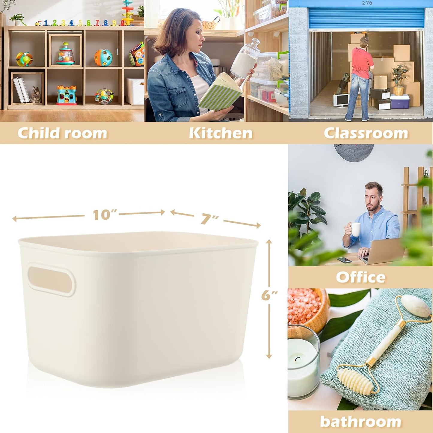 Zopeal Plastic Storage Bins 10 Pcs White Pantry Organizer Bins Small Baskets Storage Containers for Home Kitchen (10 x 7 x 6 Inch)