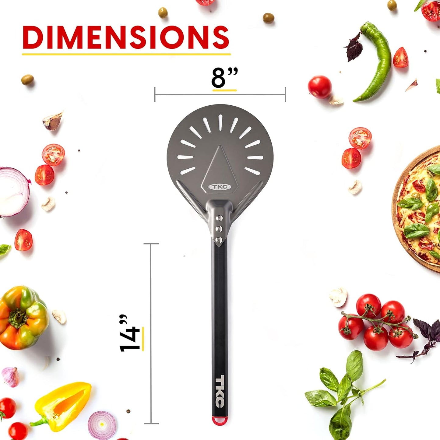 TKC 8" Perforated Pizza Peel - Professional Aluminum Pizza Turning peel - Long Handle Metal Pizza Spatula for Indoor and Outdoor - Lightweight Non-Stick Pizza Turner - Pizza Oven Accessories