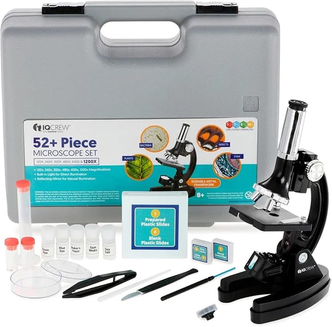 AmScope M30 Series 52-Piece STEM Microscope Kit for Kids - Monocular, Portable Compound Microscope for Kids - Includes Petri Dish, Slides & More - Black