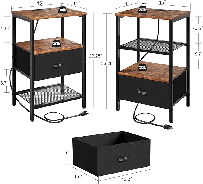 Sthmec Nightstands Set of 2, LED Bedside Tables with Charging Station and Fabric Drawer, Night Stand with Storage, 3 Tier Side Table with Open Shelf, LED Nightstands with Charging Station,Rustic Brown
