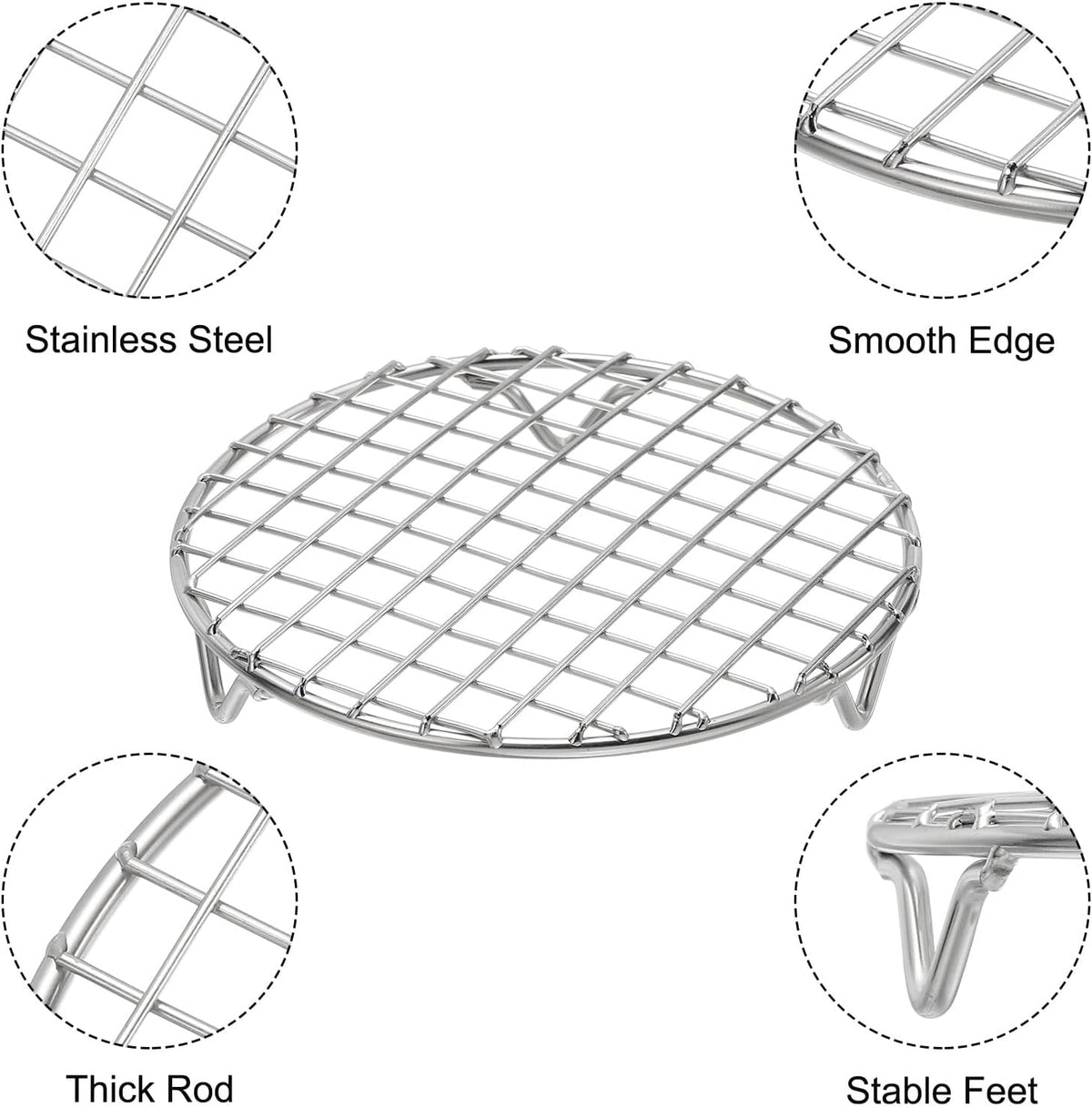 uxcell 2 Pcs Round Cooking Rack with Legs, Dia 6.5 Inch 304 Stainless Steel Barbecue Grill for Cooking Baking Barbecue Air Fryer Racks, Silver