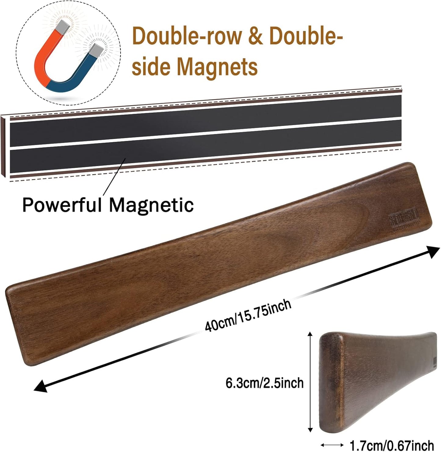 HOSHANHO Magnetic Knife Strips, Magnetic Knife Holder for Wall 16 Inch, Acacia Wood Knife Magnetic Strip Use as Knife Bar, Knife Holder for Kitchen Utensil Organizer