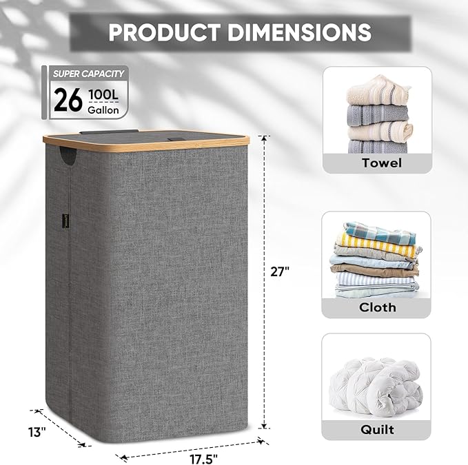 BALEINE Laundry Hamper with Lid, Tall Laundry Baskets with Bamboo Pull Handles, Large Laundry Bin with Internal Support (26 Gal/100L, Pink)