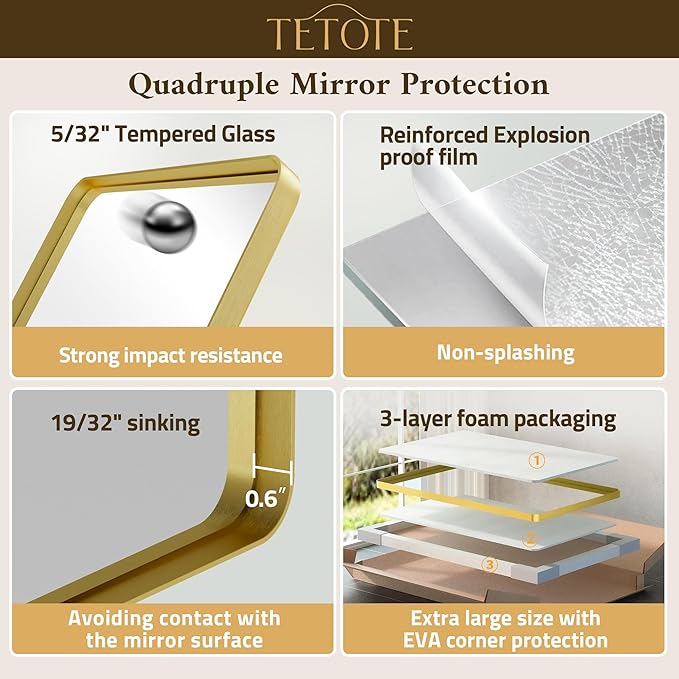 TETOTE Gold Mirror Bathroom 28 x 36 Brushed Gold Metal Framed Vanity Mirror, Tempered Glass, Modern Farmhouse Wall Mounted Mirrors for Decorative(Horizontal/Vertical)