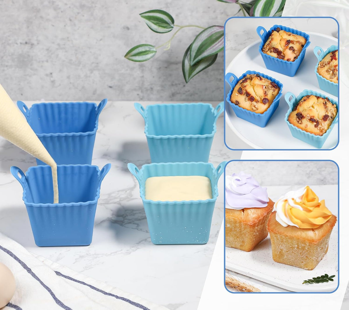 Koluti Reusable Silicone Baking Cups Set of 4, Nonstick Muffin Cupcakes Mold with Double Handle, BPA Free, Small Square Air Fryer Cupcake Liners, 2 Color