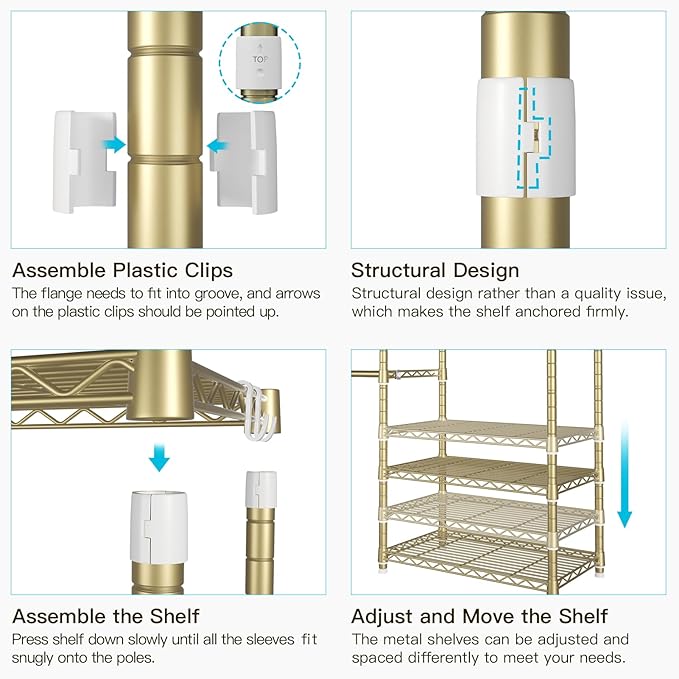 Ulif E1 Heavy Duty Closet Garment Rack, 6 Tiers Adjustable Metal Freestanding Expandable Clothing Storage with 4 Hanger Rods, Easy to Assemble Wardrobe, 71.4" H x (70" - 88.2") L x 14" D, Gold