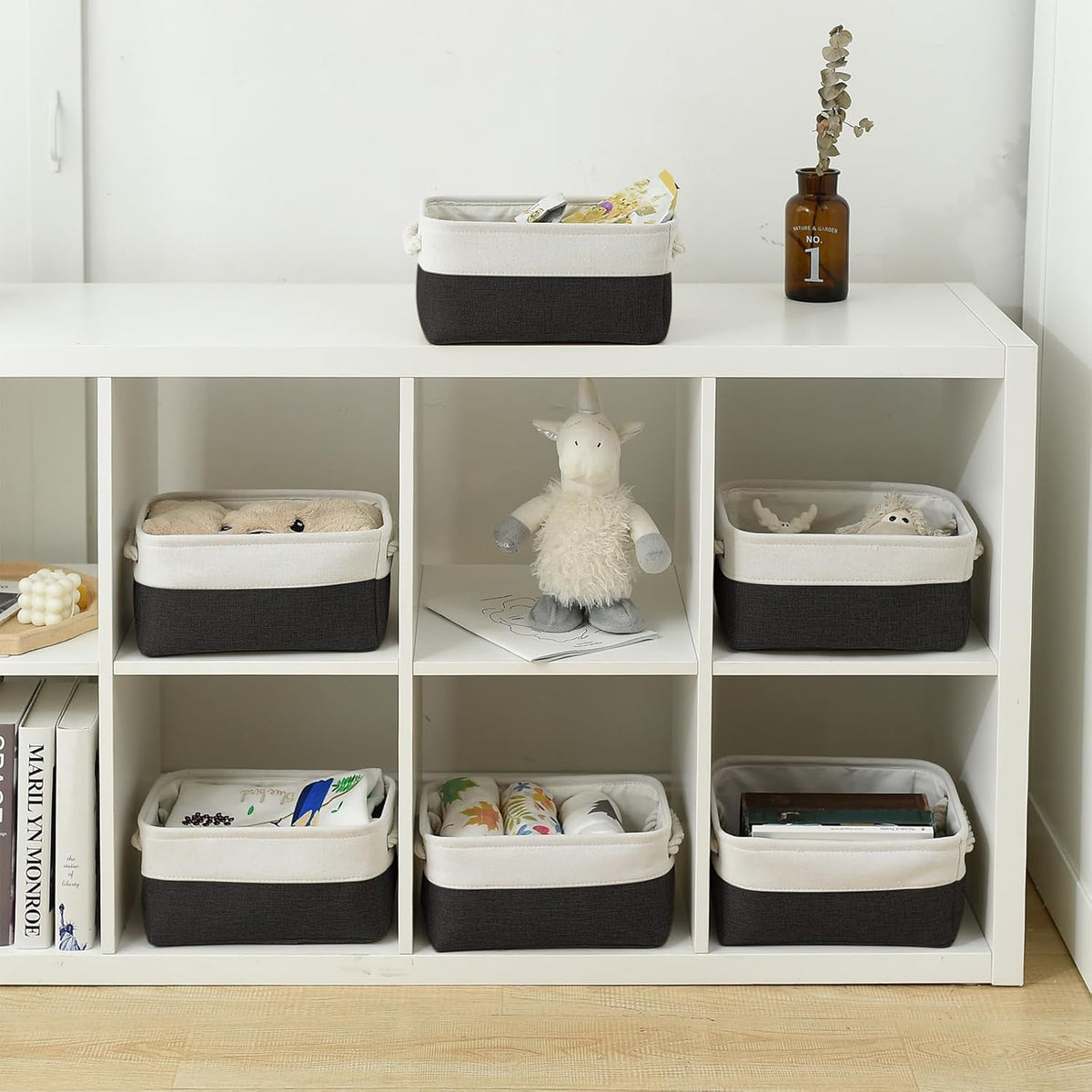 TheWarmHome Storage Bins for Shelves - 12x8x5.2 inch 1 Pack Storage Baskets for Gifts Empty for Closet Organizing Dog Gift Cloth Toy Cubes Box (White & Black)