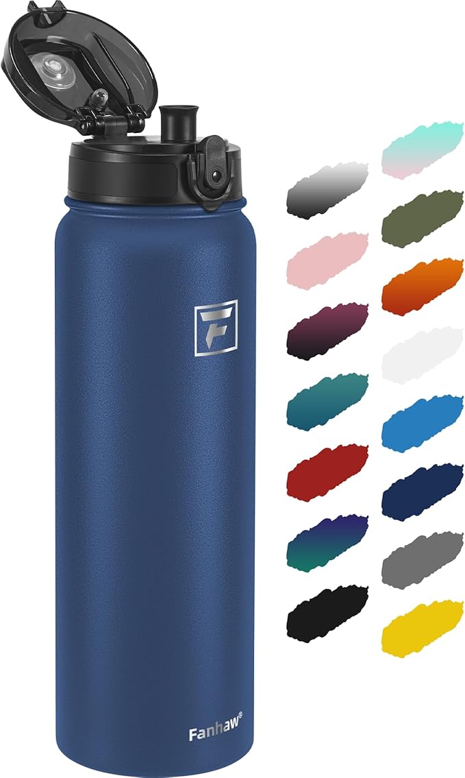 Fanhaw 32 oz Insulated Stainless Steel Water Bottle with Anti-Dust Chug Lid, Leakproof Vacuum Sports Bottle for Men & Women (Navy Blue)