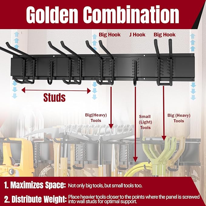 Garage Tool Organizer Wall Mount-66 Inch Heavy Duty Tool Storage Rack with 12 Hooks & 4 Storage Straps, Space Saving Wall Hanger for Garden & Shed Tools, Fits 16" Wall Studs
