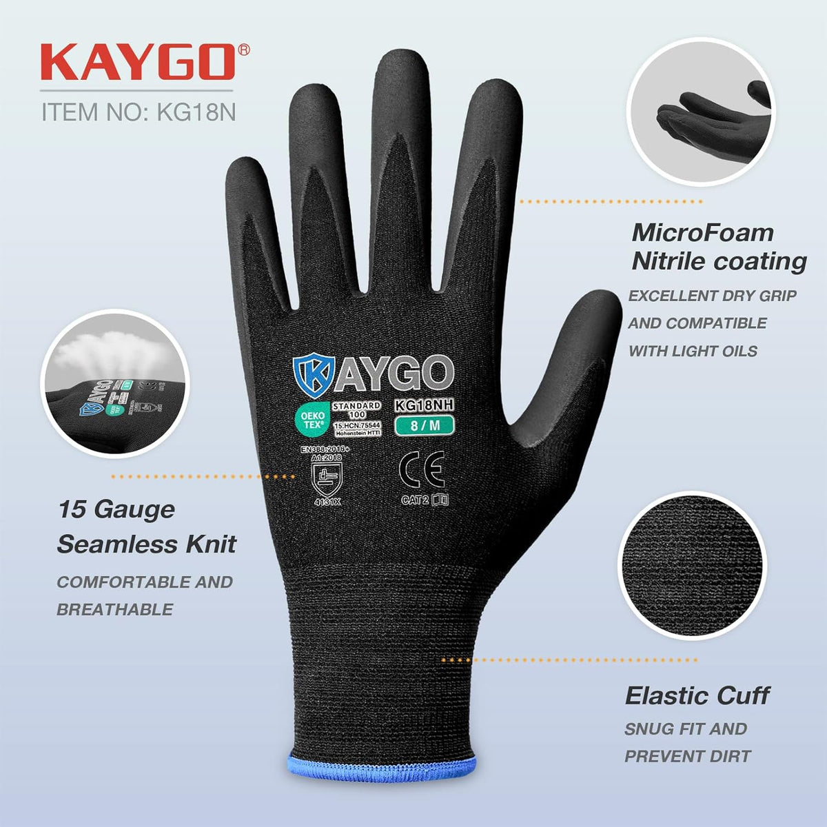 KAYGO Safety Work Gloves MicroFoam Nitrile Coated, 3 Pairs KG18NB,Seamless Knit Nylon Glove with full fingers Touchscreen, Ideal for Automotive,Warehouse,Construction (2XL, Black)