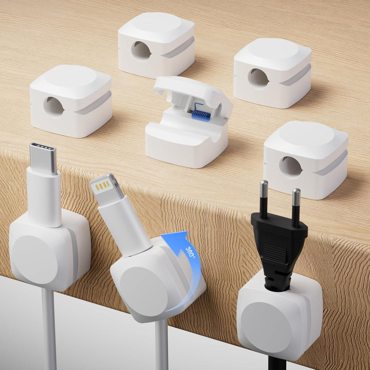Rotatable Cord Organizer, Enhanced Spring Cable Clips, Strong Adhesive Cable Management, Desk Cord Holder for Nightstand, Office Accessories and Car (8*White)