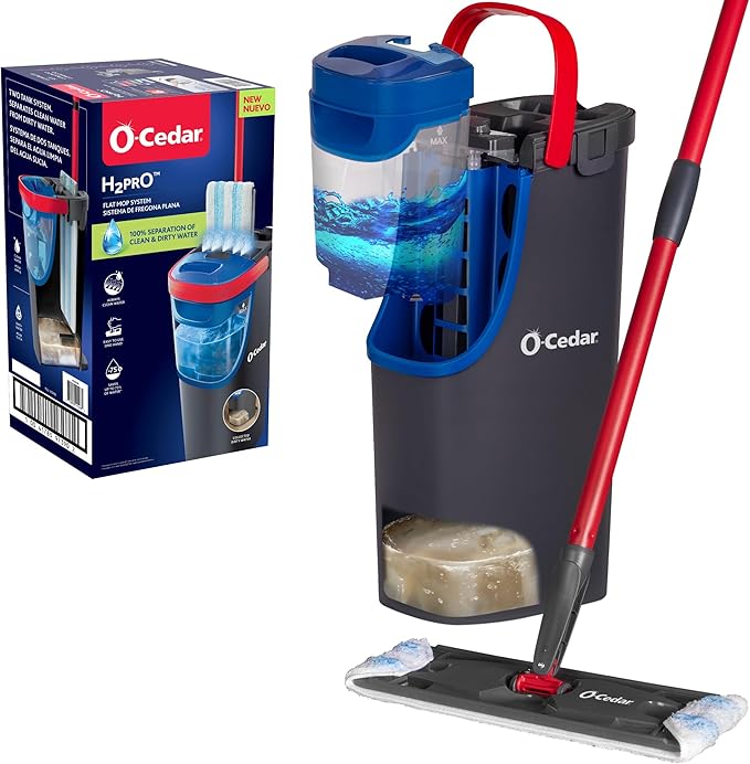 O-Cedar H2prO Flat Mop System | Quick Cleaning Tool | Clean with Water | Machine Washable Reusable Microfiber Mop Pad | Safe on Wood Floors, Vinyl, Tile, Baseboards, Walls