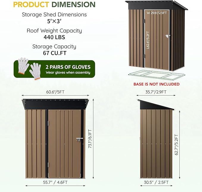 5x3FT Vertical Outdoor Steel Storage Shed, Lockable Doors, Compact Metal Tool Shed for Garden, Backyard, Patio, Utility, and Bike Storage,Brown