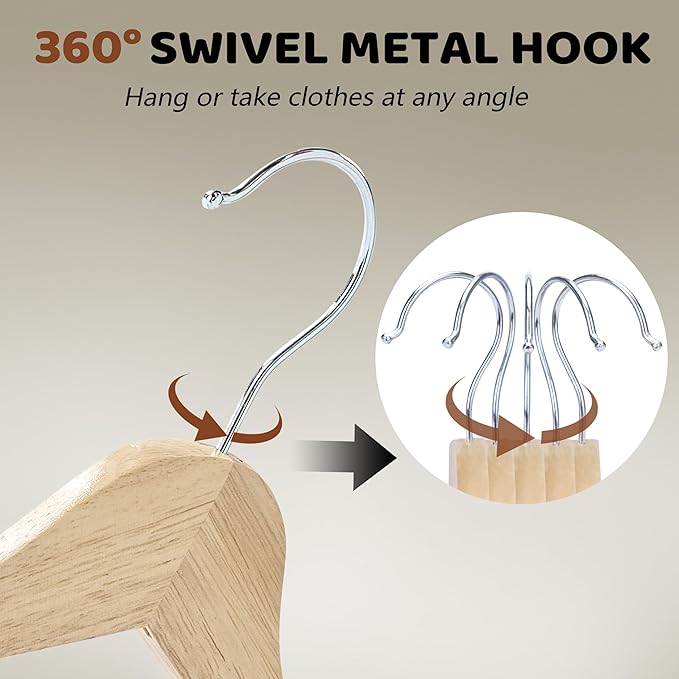 Wooden Hangers 30 Pack, Durable Wood Hangers with 360° Swivel Hook & Notches, Slim Coat Hanger Wooden for Closet, Smooth Wood Clothes Hanger with Pant Bar, Natural