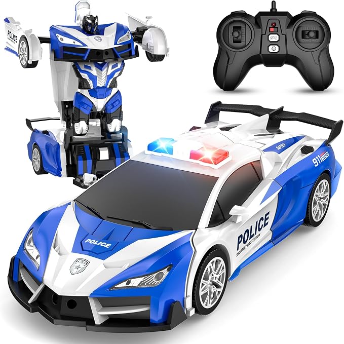 Remote Control Car, One-Button Transform Toys Car, 2.4GHz RC Cars 1:18 Scale, 360 Degree Rotation Police Car Toy Transforming into Robot Toy for Boys Girl Kids 4-7 8-12 6-8, Birthday