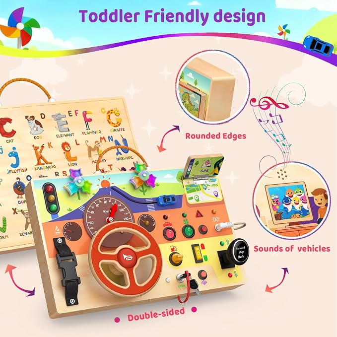 Montessori Wooden Busy Board with Steering Wheel & Driving Toys - Sensory Activity Boards for Toddlers 1-3, Car Themed Fidget Toy with Lights, Switches & Windmill Spinner, Travel Gift for Boys Girls