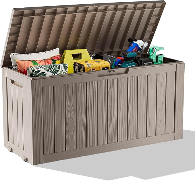 ROJIK Outdoor Storage Housing Deck Box - Waterproof Patio Furniture, Garden Tools, Cushions, Pool Accessories Storage Bench with Lockable Lid and Side Handles (Grey 75 Gal)