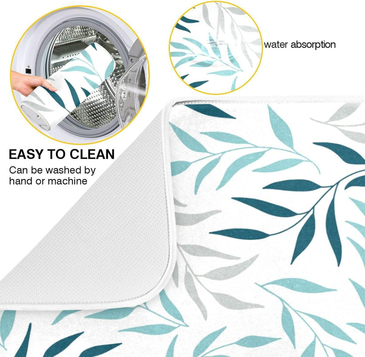 Blue Grey Olive Leaves Dish Drying Mat for Kitchen Counter Absorbent Microfiber Drying Pad, Large 18x24 in, Reversible Drainer Mats