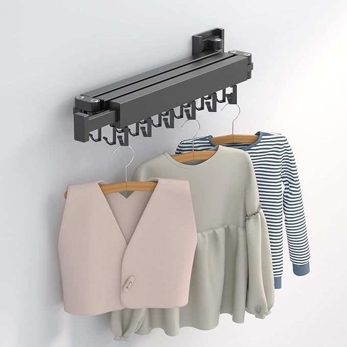Clothes Drying Rack Wall Mounted,Laundry Rack Wall Wount,Drying Rack Clothing for Laundry,Retractable Dryer Racks,Wall Mounted Drying Rack Collapsible, Black, Sandy Coating,3z-b01