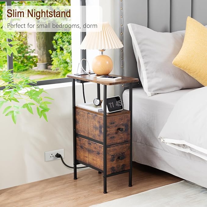Narrow End Tables Living Room Set of 2 with Charging Station, Skinny Side Table with Fabric Drawers, Slim Nightstand for Bedroom, Small Spaces, Couch, Rustic Brown, HETNDP02PBR