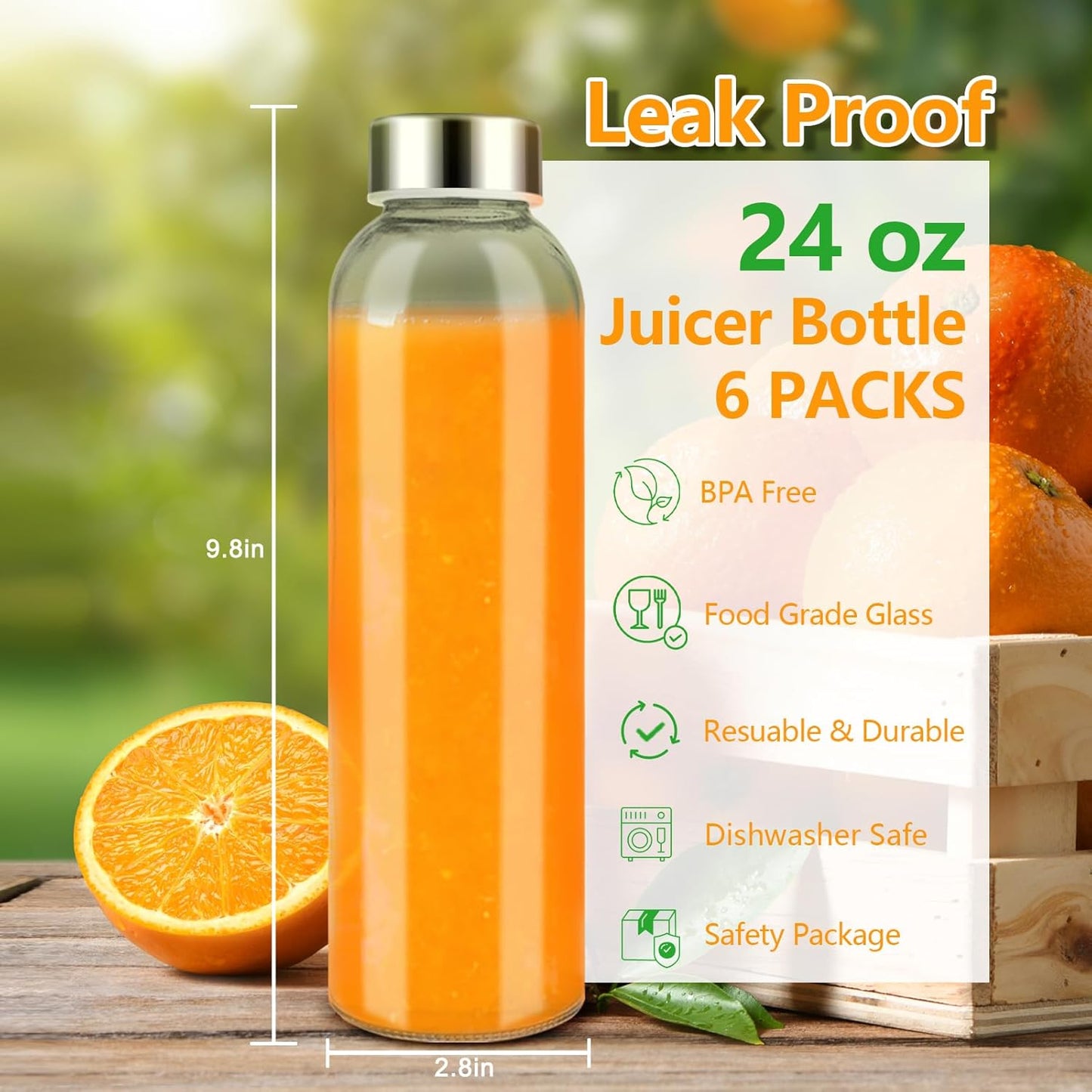Zukro Glass Water Bottles with Lids 24 oz, 6 Pack Reusable Juice Bottles With Stainless Steel Airtight Cap for Juicing, Leak Proof Clear Drinking Jar Beverage storage container for Fridge, BPA Free