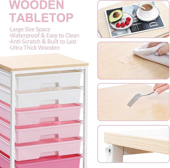 Rolling Cart with Drawers,Storage Cart with 8 Drawers and Wooden Tabletop,Utility Cart for Living Room,Classroom, Bedroom,Bathroom,Dorm,Office,Rose Pink