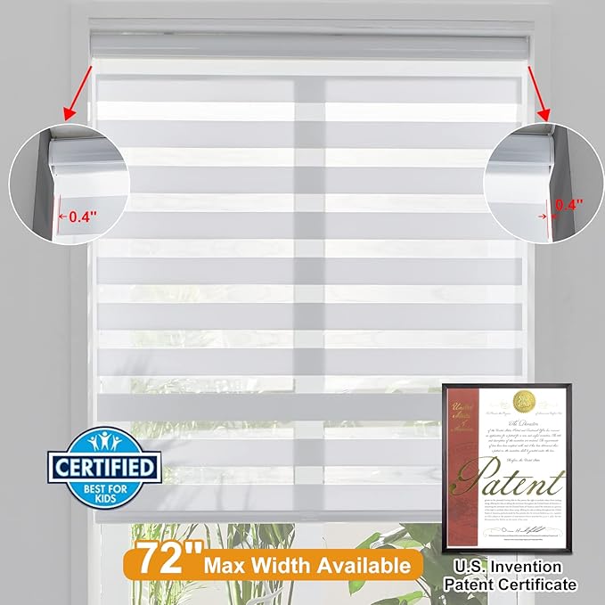 Persilux Zebra Blinds for Windows - Cordless, Room Darkening (52" W x 72" H, White) Light Control for Day and Night, Privacy Window Treatment