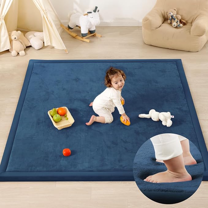 1.3" Thick Baby Play Mat for Floor, 39x59 Foam Tummy Time Mat, Padded Support Soft Plush Nursery Rug for Infant Kids Toddler Crawling Kick Activity (Royal Blue)