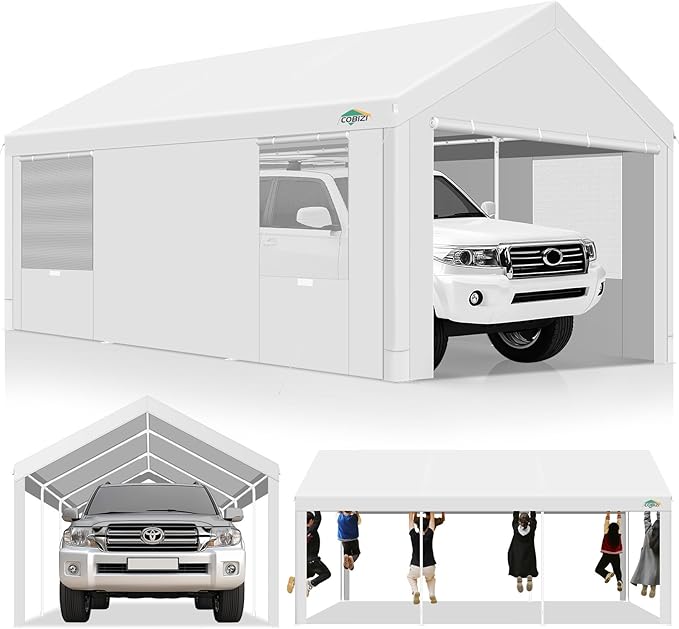 COBIZI Carport 10x20ft Heavy Duty Portable Garage, 2.0 Powder Coated Frame(Better Than Galvanized), Waterproof Shelter with Removable Sidewalls & Windows, Built-in Sandbags, for Car/Boat/SUV, White