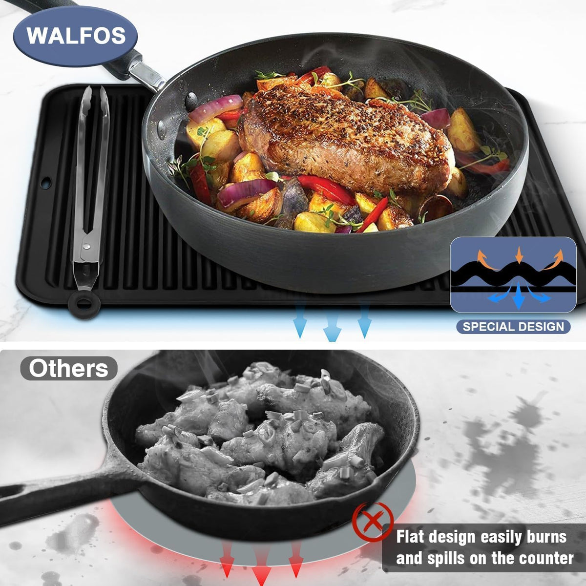 Walfos XXL Silicone Trivet 16 Inch and Trivets Mats 12 Inch, Trivets for Hot Pots and Pans, Heat Resistant Pot Holders Hot Pads for Kitchen Quartz Countertops, Hot Dishes, 6 Pack