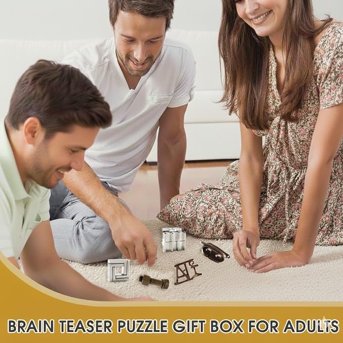 9PCS Brain Teaser Puzzles for Adults, Mind Puzzle Ancient Wooden and Metal Puzzles 3D Unlock Interlock IQ Puzzle Box Game for Adults