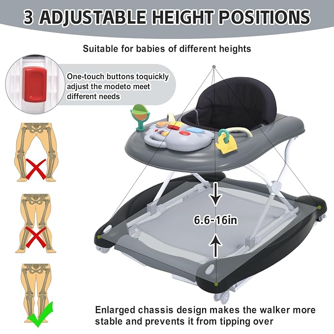 5 in 1 Foldable Baby Walker,Activity Baby Walker-Baby Bouncer,Rocker,Activity Center,Seat and Push Walker,Detachable Footrest Mat,Adjustable Speed Rear Wheels and Height,Ages 6-18 Months (Black)