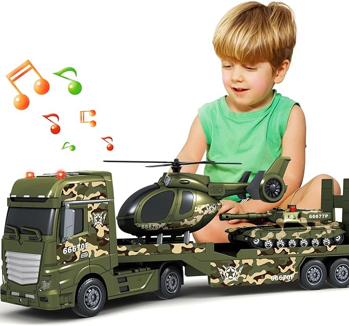 SpringFlower Toddler Boy Toys, 3 in 1 Large Army Truck Toy with Helicoper and Tank, Military Transport Truck Toy, Christmas Birthday Gifts for Kids 3 4 5 6 Years Old