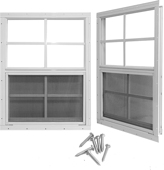 Yuzzy 12" x 18" Shed Windows with Tempered Glass and Fiberglass Screen, 2 Pack Small Sliding Windows for Shed, Chicken Coop, Playhouse, Household, Garage, Barns (White)
