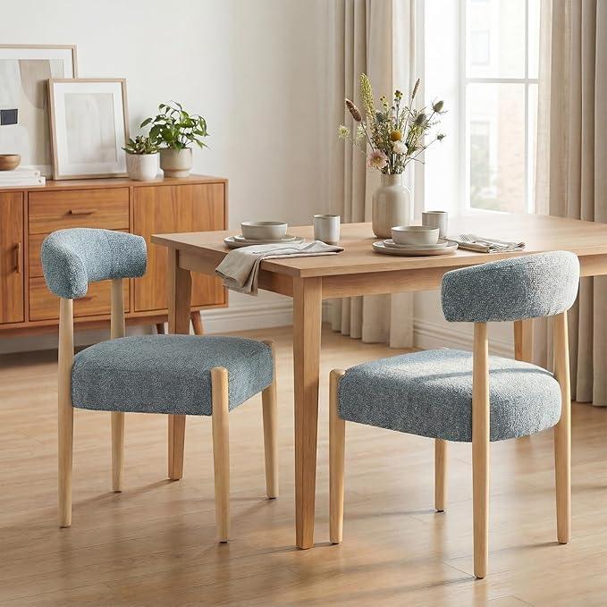 VKNOW Wooden Dining Chairs Set of 4, Modern Upholstered Dining Room Chairs with Rubberwood Legs and Curved Backrest, Fabric Kitchen Chairs for Farmhouse/Living Room/Dining Room, Blue