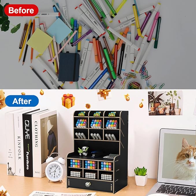 Marbrasse Wooden Desk Organizer, Multi-Functional Pen Holder, Desktop Stationary Organizer, Storage Rack for School Home Office Art Supplies (B16-Black)