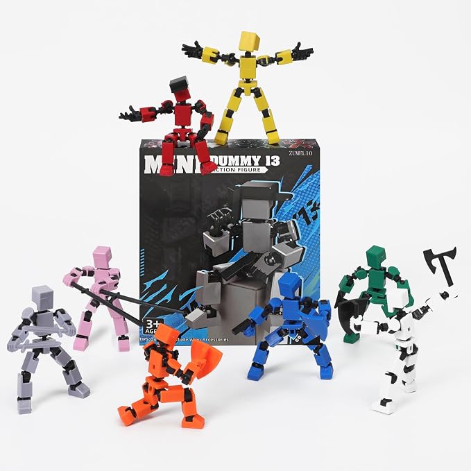 4PCS Mini Titan T-13 Action Figures Set, Assembly Completed Luck Dummy Robot 13 Action Figure Toys for Boys Stick Figures with Multi Joints Movable Fidget Gifts for Kids(Yellow+Orange+Blue+Red)