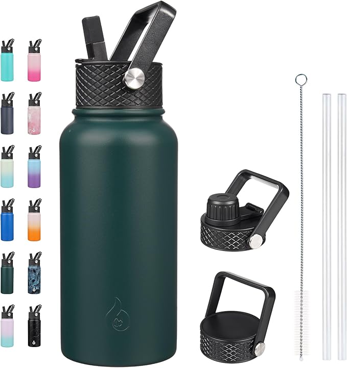 BJPKPK Insulated Water Bottles with Straw Lid, 27oz Stainless Steel Water Bottle with 3 Lids, Leak Proof BPA Free Metal Thermo, Mugs, Tumblers, Keep Cold Hot -Army Green