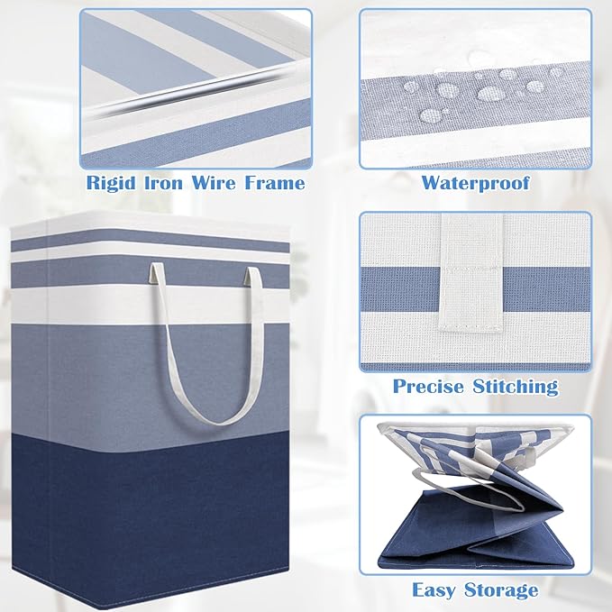BlissTotes 3-Pack Laundry Basket, Freestanding＆Waterproof Laundry Hamper, Collapsible Tall Clothes Hamper with Easy Carry Handles for Clothes, Towels in the Family and Dorm,Gradient Blue,100L