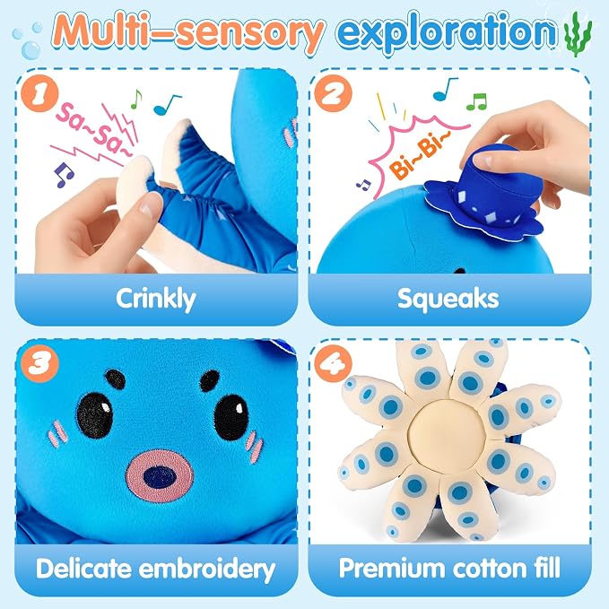 Baby Musical Toy for 6-12 Months, Rechargeable Crawling Octopus Plush with 40 Songs & Voice Recording – Interactive Tummy Time Toy, Soft Sensory Toy for Toddlers 1-3, Baby Gifts for 1 Year Old