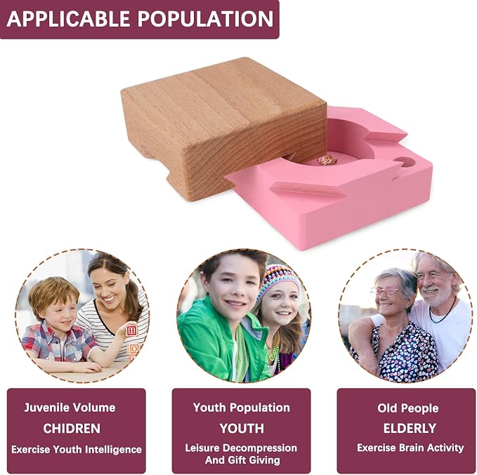 DC-BEAUTIFUL Wooden Magic Box Brain Teaser Box, Pink Secret Gift Box Impossible Puzzle Box for Birthday Valentines